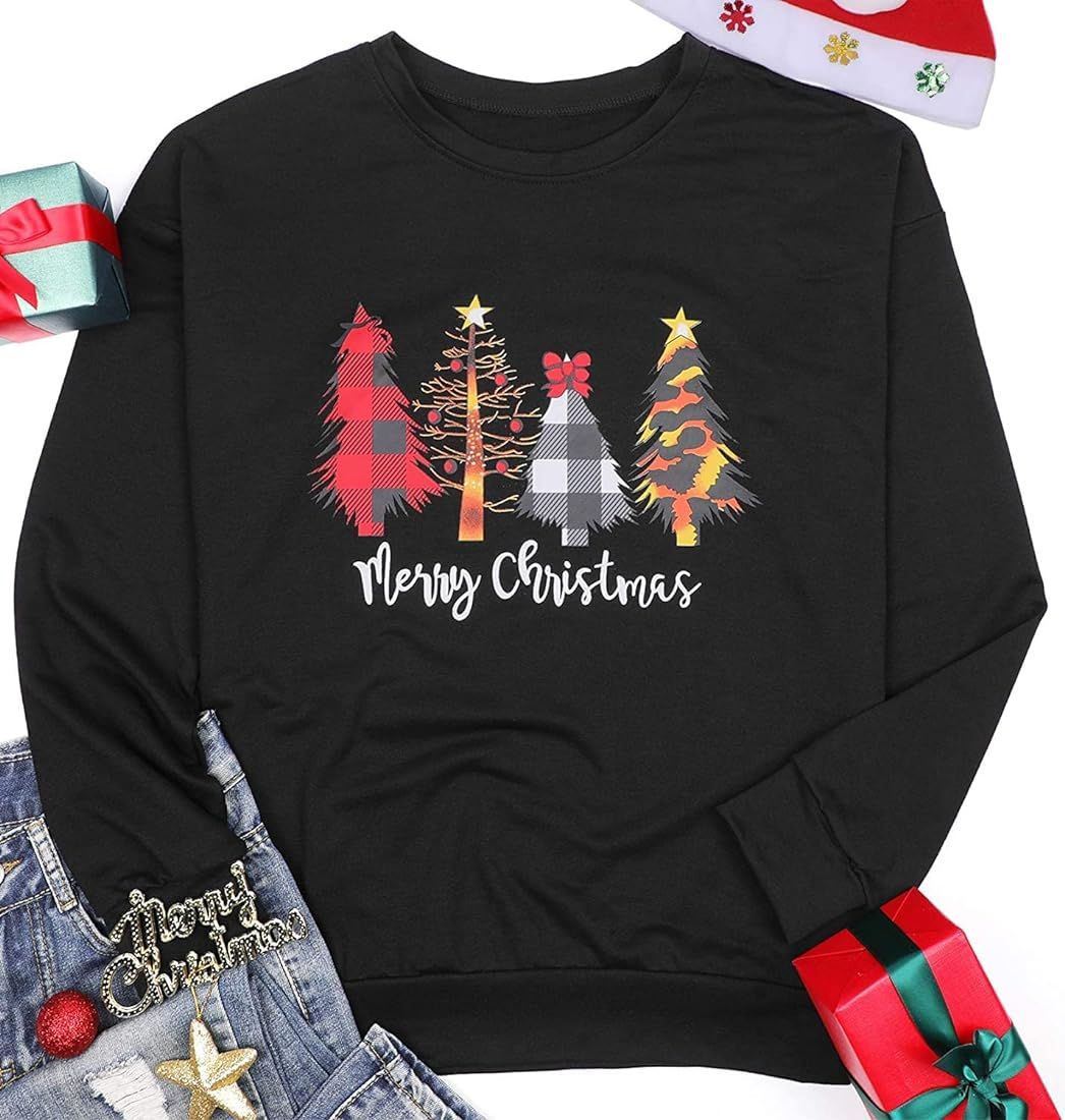T&Twenties Women Merry Christmas Sweatshirts Funny Christmas Snowman Car Pullover Christmas Plaid Tr | Amazon (US)