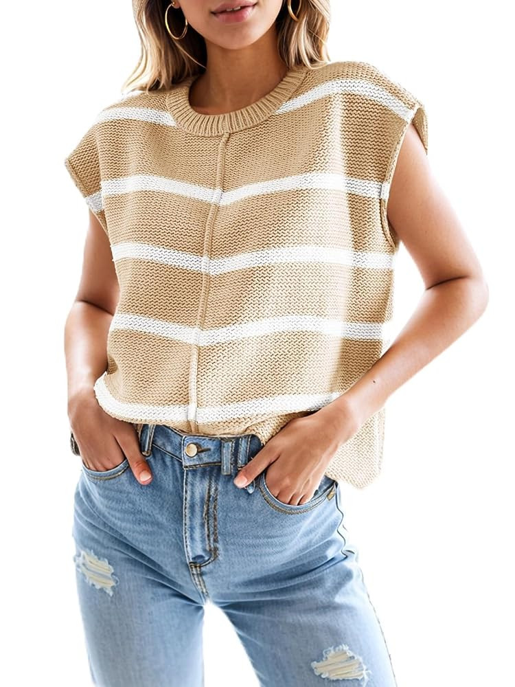 Womens Tops Cap Sleeve Striped Knit Tank Top Loose Fit Sweater Vest 2025 Spring Summer Outfits Pu... | Amazon (US)