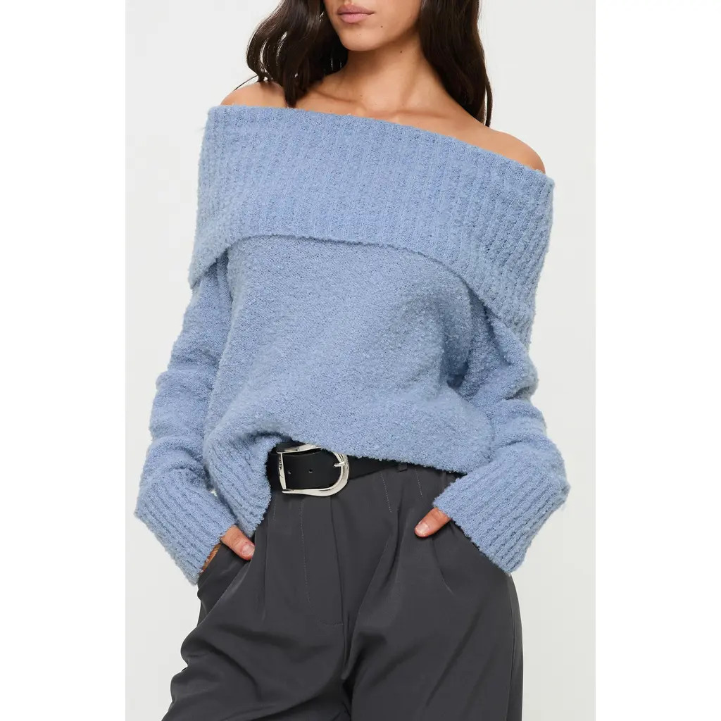 Princess Polly Parkley Off the Shoulder Bouclé Sweater in Blue at Nordstrom, Size Small | Nordstrom