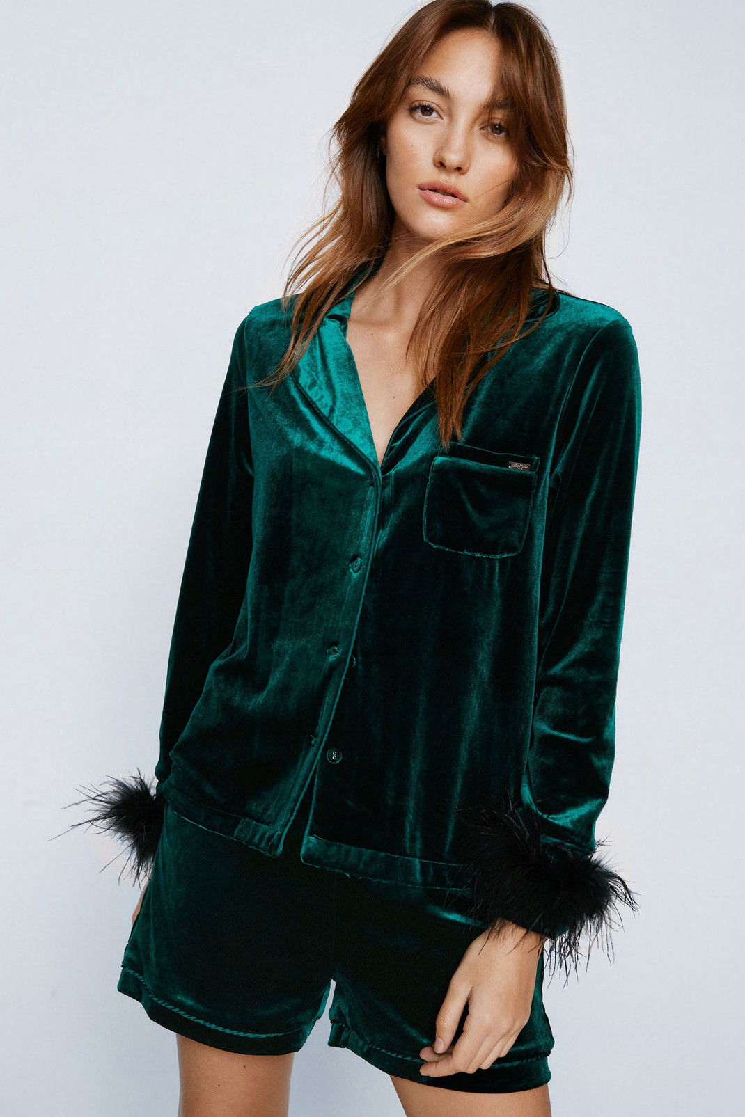 Feather Trim Velvet Pajama Short Set | Nasty Gal (US)