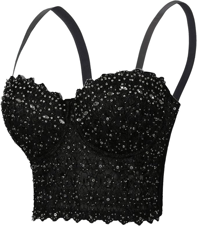Chenyi Women's Lace Rhinestone Bustier Corset Wedding Party Crop Top Bra Vest | Amazon (US)