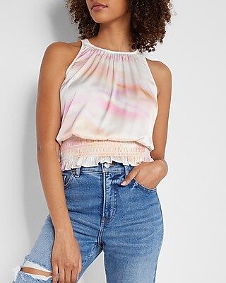 Conscious Edit Satin Tie Dye Ruched High Neck Smocked Waist Top | Express