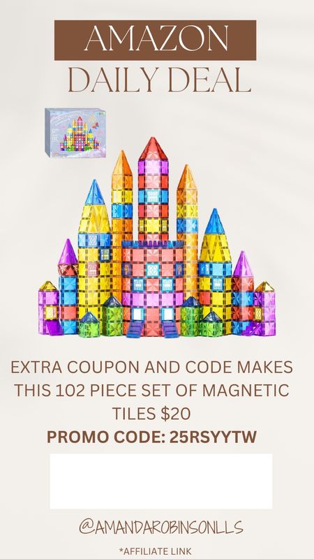 Amazon Daily Deals
102 piece Magnetic tiles only $20 with code and coupon 

#LTKsalealert #LTKkids