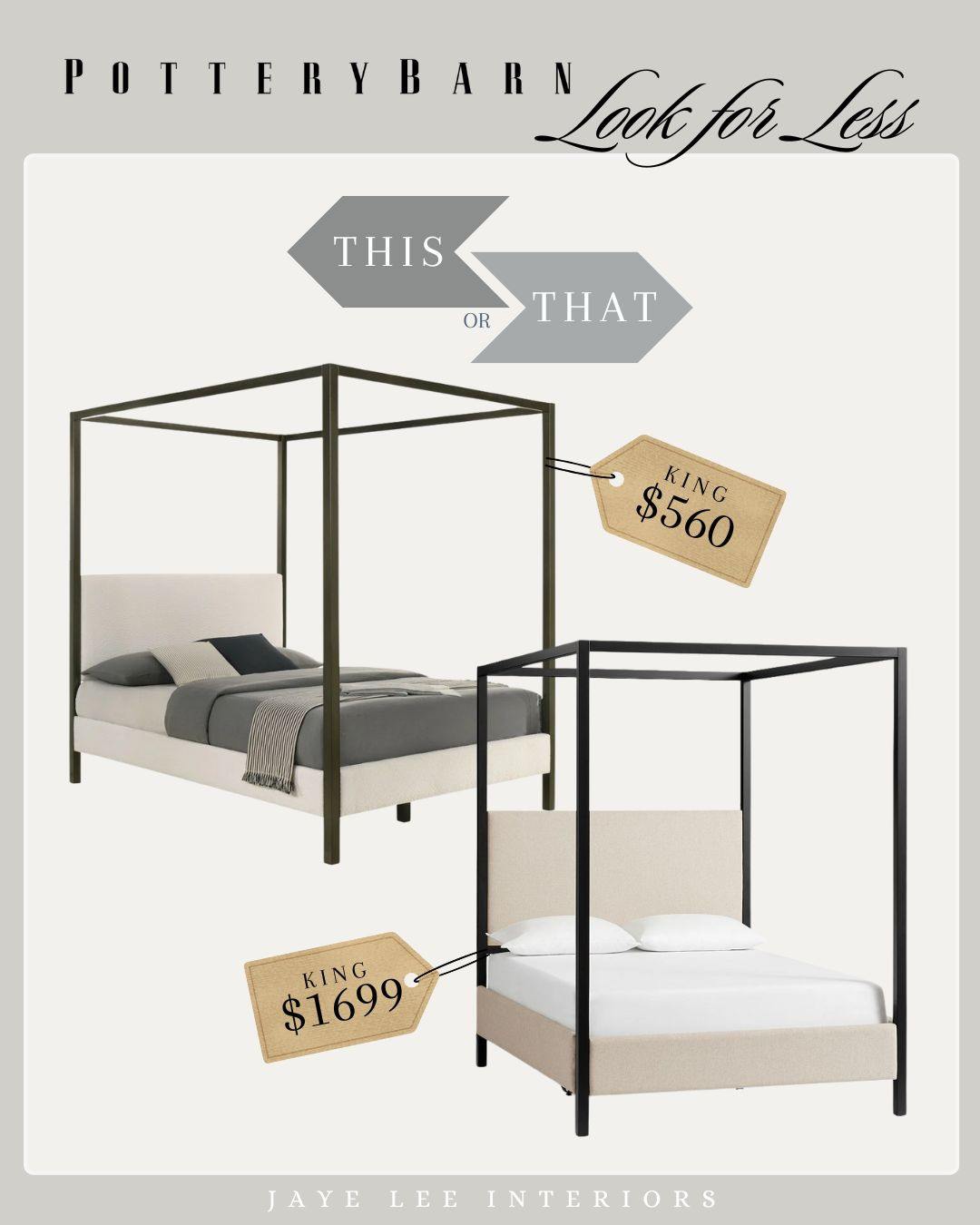 Pottery Barn's Atwell Metal Canopy Bed boldly blends modern and traditional elements, resulting in a transitional design to compliment any interior. I think the mix of sleek metal and soft, textured upholstery offers an appealing take on the classic four poster bed. I love the stately height of the headboard and the tailored look of the footboard and side rails as well. This bed would make a stunning statement in any bedroom with tall ceilings. 

The Pottery Barn version is reasonably priced at $1699 for a king size, however, if a savings of over $1,000 is more in your budget, Wayfair offers several similar models starting at just $560!

save vs. splurge, designer look for less, Pottery Barn Dupe, Upholstered Bed frame, king size bed, bedroom furniture, modern canopy bed, four poster bed, transitional bedroom design, primary bedroom design

 

 

#LTKHome #LTKSaleAlert #LTKStyleTip