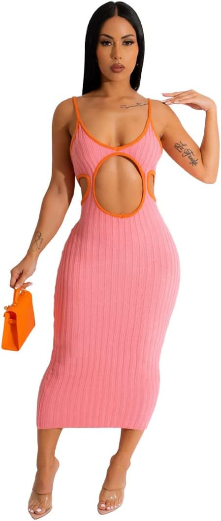 Pulkritu Women Fashion Spaghetti Strap Cutout Front Knit Ribbed Bodycon Midi Dress INS Night Club... | Amazon (US)
