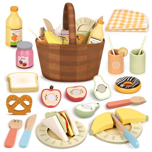 Dreamon Wooden Play Food Set - 22 Pcs Play Food Sets for Kids Kitchen with Carry Basket,Pretend Food for Toddlers,Cutting Food Toys for Toddlers for 3+ Year Old Boys and Girls Gifts | Amazon (US)
