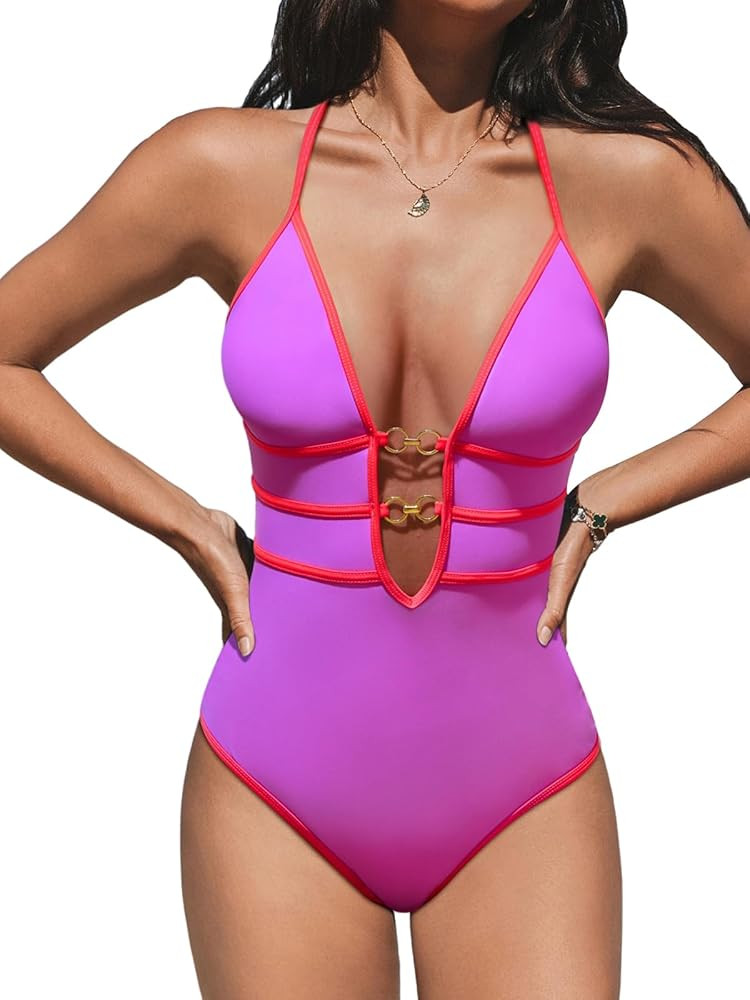CUPSHE Women's One Piece Swimsuit Halter Plunging Neck Cutout Back Bathing Suit Spaghetti Adjusta... | Amazon (US)
