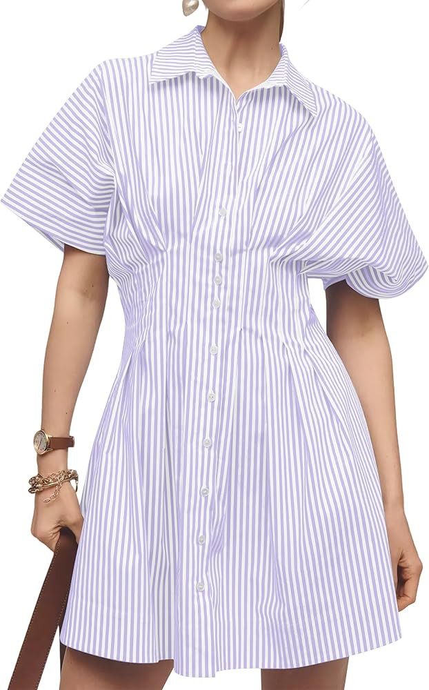 Women’s Button Front Down Pleated Shirt Dress Summer Casual Striped Short Sleeve Blouse Mini Dr... | Amazon (US)
