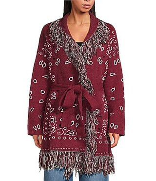 Sugarlips Bandana Fringe Shawl Collar Belted Open Front Cardigan - S | Dillard's