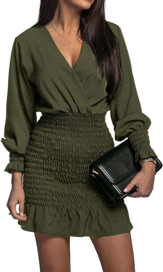 MASCOMODA Women's Satin Wrap V Neck Smocked Mini Bodycon Dress Long Sleeve Solid High Waist Ruffl... | Amazon (US)