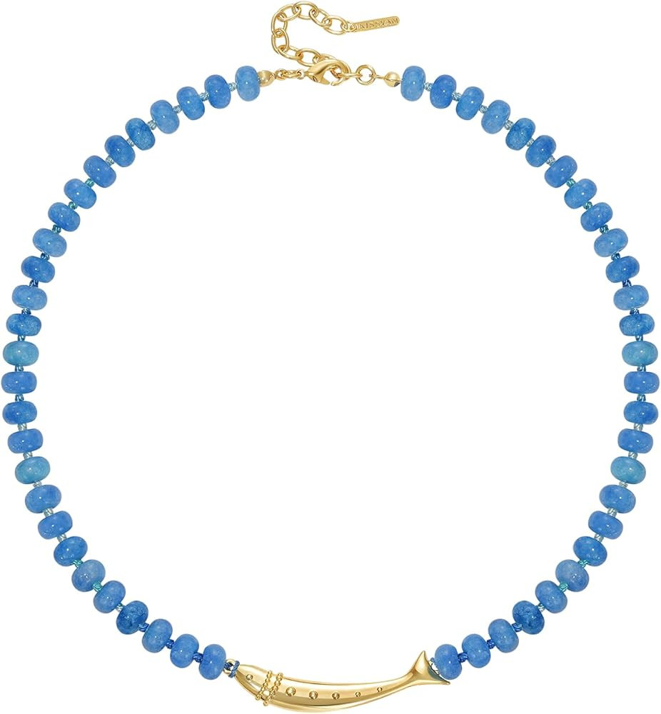 KissYan Beaded Gemstone Necklace for Women, 14K Gold Plated Fish Charm Blue Bead Choker, Natural ... | Amazon (US)