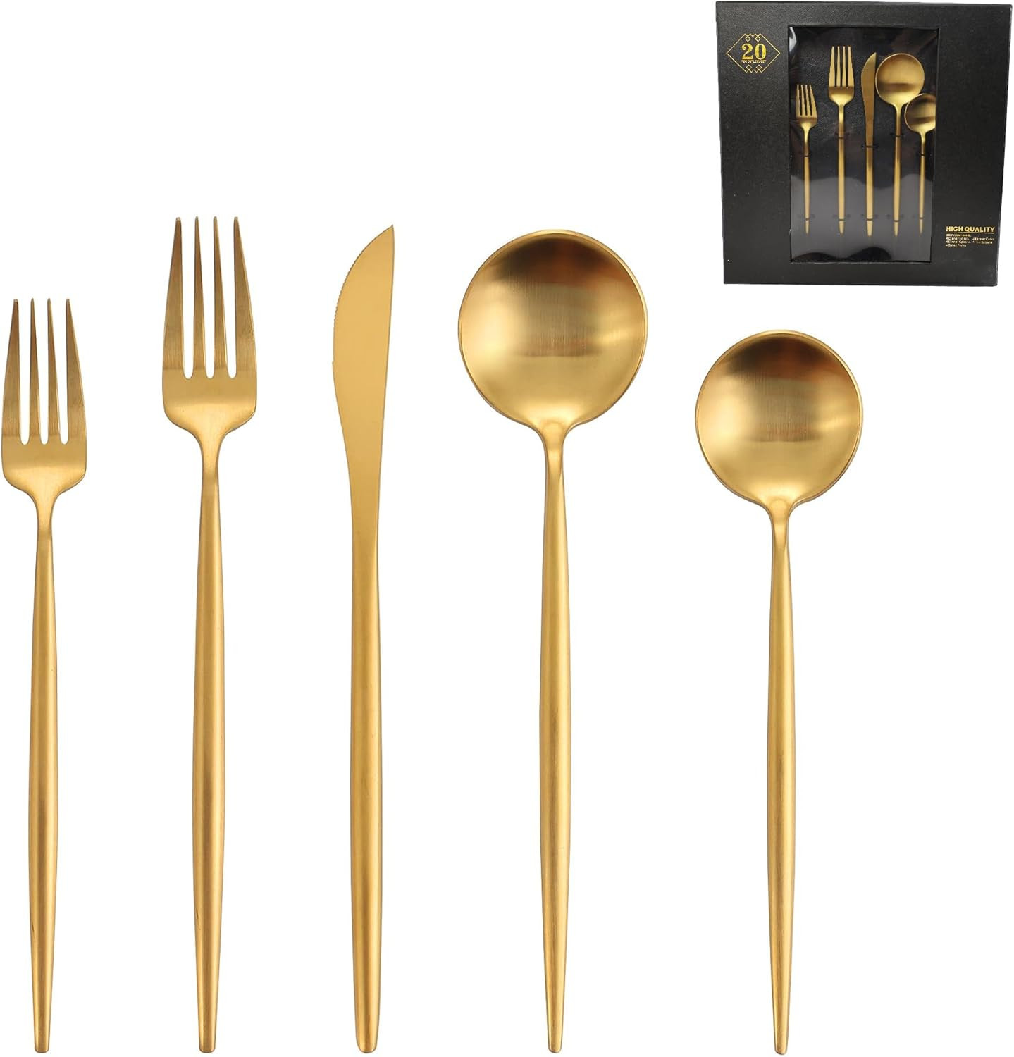 Runfly Matte Gold Silverware Set for 4, 20 Pieces Stainless Steel Flatware Set, Kitchen Utensil S... | Amazon (CA)