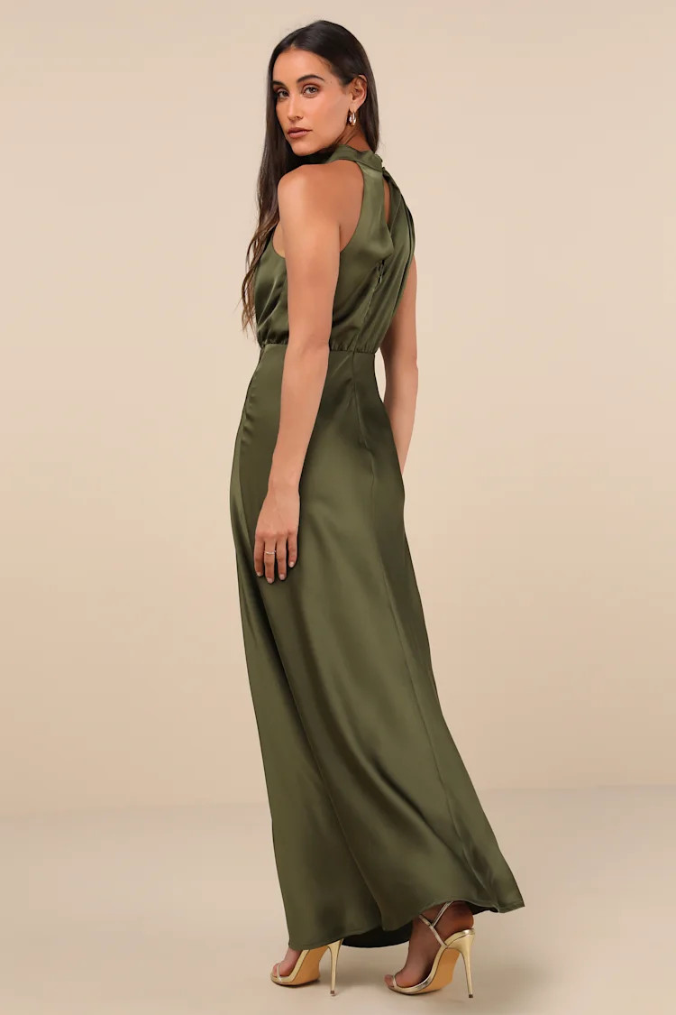 Distinctive Charm Olive Green Satin Asymmetrical Maxi Dress | Lulus