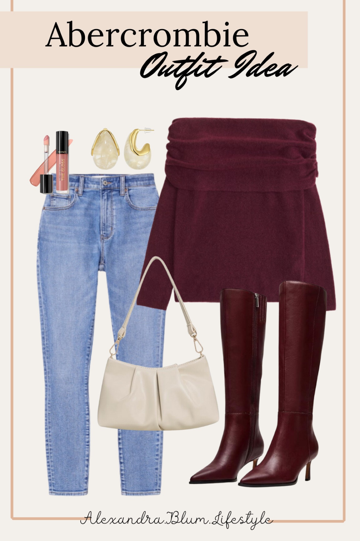 Abercrombie outfit idea! Winter outfit! Off the shoulder sweater top, skinny jeans, knee high burgundy stiletto boots, ivory handbag, trendy earrings, and Amazon lip gloss! Thanksgiving outfit! Work outfit date night outfit! Girls night outfit! 

#LTKFindsUnder100 #LTKBeauty #LTKShoeCrush