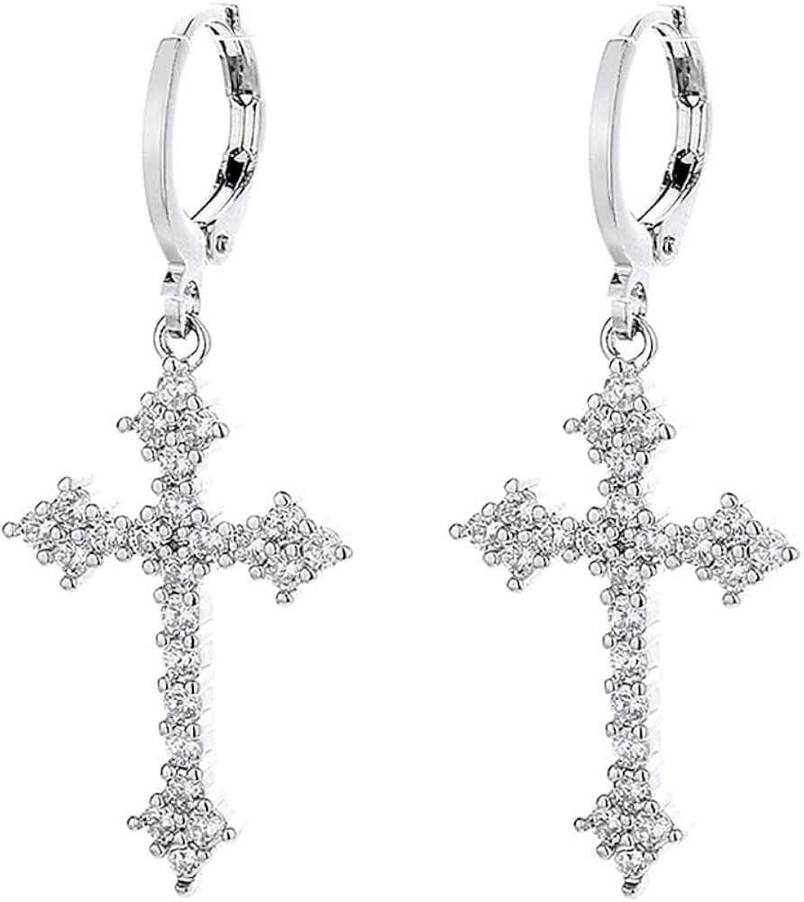 Fashion CZ Cross Dangle Earrings for Women Girls Hypoallergenic Crystal Charms Drop Dangling Hugg... | Amazon (UK)