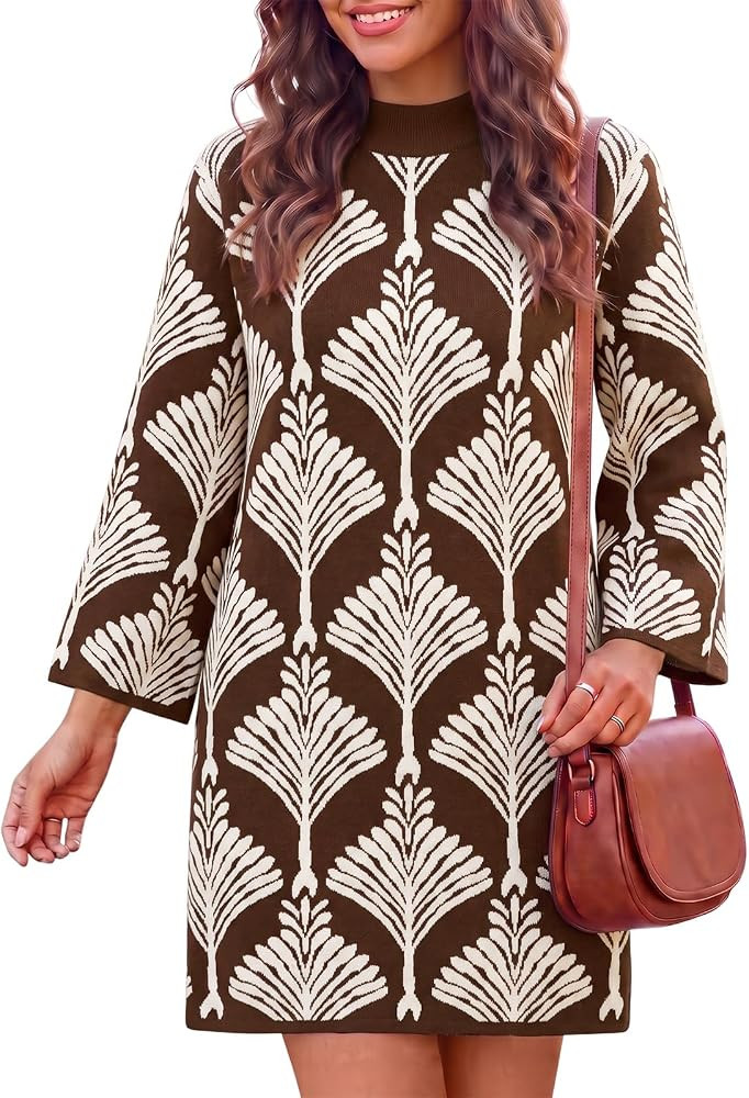 Wenrine Womens Sweater Dress Mock Neck Bell Sleeve Floral Knit Mini Dresses | Amazon (US)