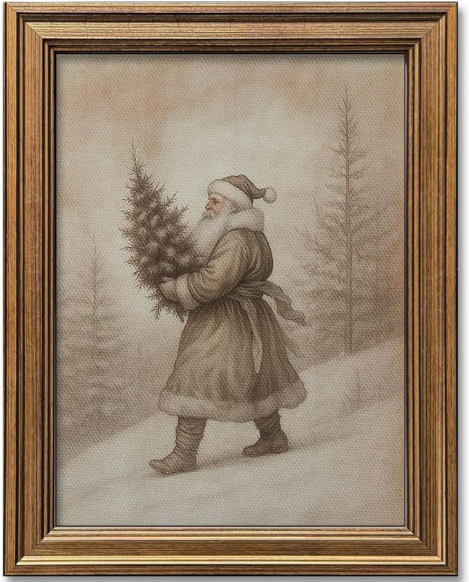 Vintage Christmas Decor Farmhouse Wall Art Gold Framed Rustic Winter Landscape Santa Pictures Pai... | Amazon (US)