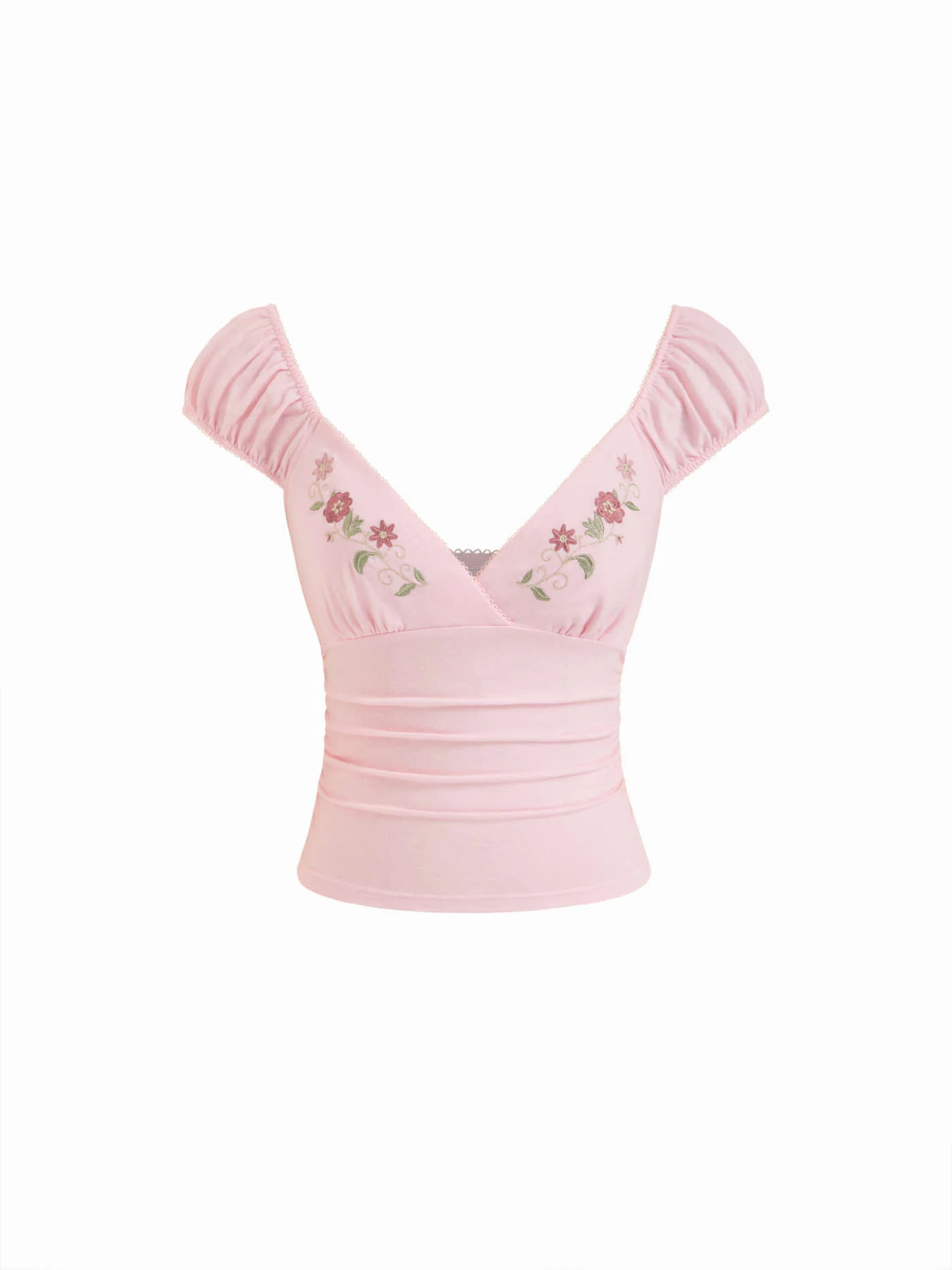 Jersey Cotton-blend V-Neck Floral Embroidery Ruched Puff Sleeve Top For Daily Casual | Cider