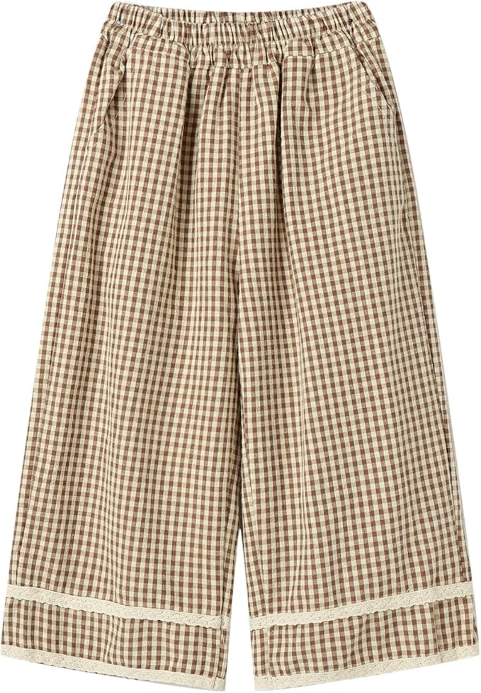 LittleSpring Girls Plaid Capri Pants Wide Leg Loose Fit Elastic Waist Trousers | Amazon (US)