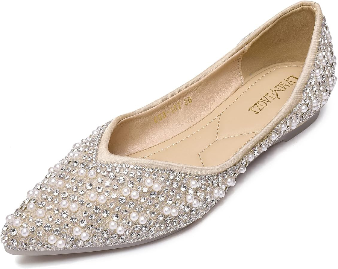 Women's Rhinestone Flats Fashion Pointed Toe Pearl Diamond Low Heel Dress Wedding Flats Work Busi... | Amazon (US)