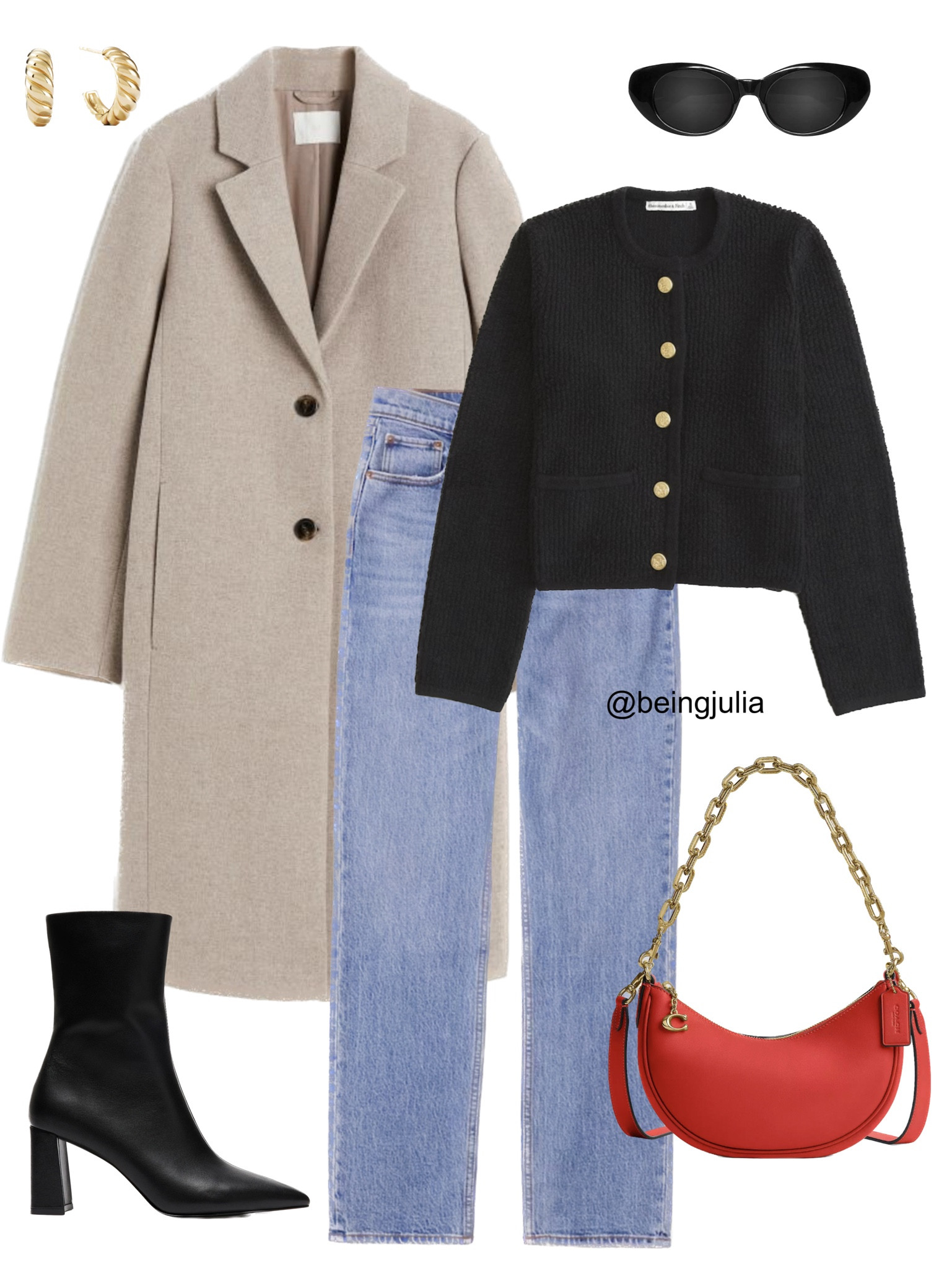 Fall outfit inspiration! Pop of red edition. Details below!
-Collarless button up sweater, gold button details from Abercrombie. 
-Abercrombie mid rise light wash 90s straight jeans. 
-Single breasted twill coat in beige from H&M. 
-Black leather ankle boots from Steve Madden. 
-Celine Triomphe 52mm sunglasses in black acetate. 
-Mejuri gold croissant dome hoop earrings. 
-Coach red leather shoulder bag.


#LTKitbag #LTKSeasonal #LTKstyletip