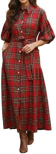 Christmas Plaid Dresses for Women Classic Lantern Half Sleeve Lapel Button Down Shirt Long Dress ... | Amazon (US)