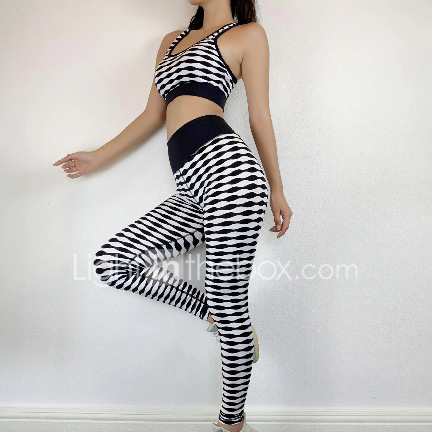 [$22.67] Women's 2pcs Tracksuit Yoga Suit Wirefree Stripes Black / White Nylon Yoga Fitness Gym W... | Light in the Box
