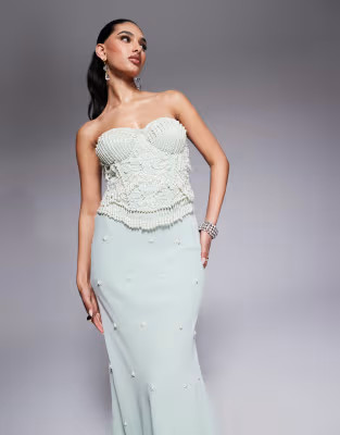 ASOS DESIGN bias bandeau midi dress with pearl beading in sage green | ASOS (Global)