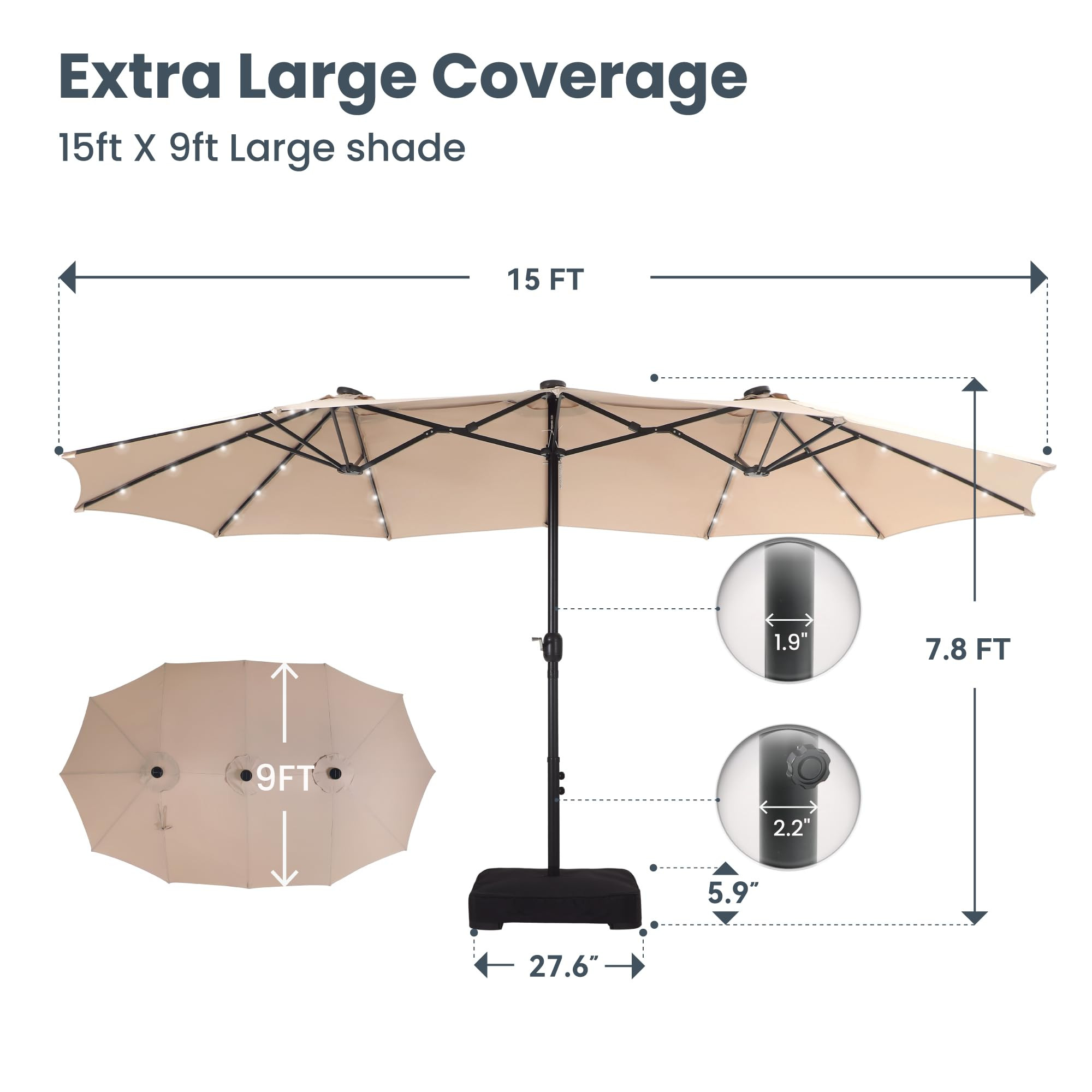 PHI VILLA 15ft Large Patio Umbrella with Base & Solar Lights, Double-Sided Outdoor Rectangle Umbr... | Amazon (US)