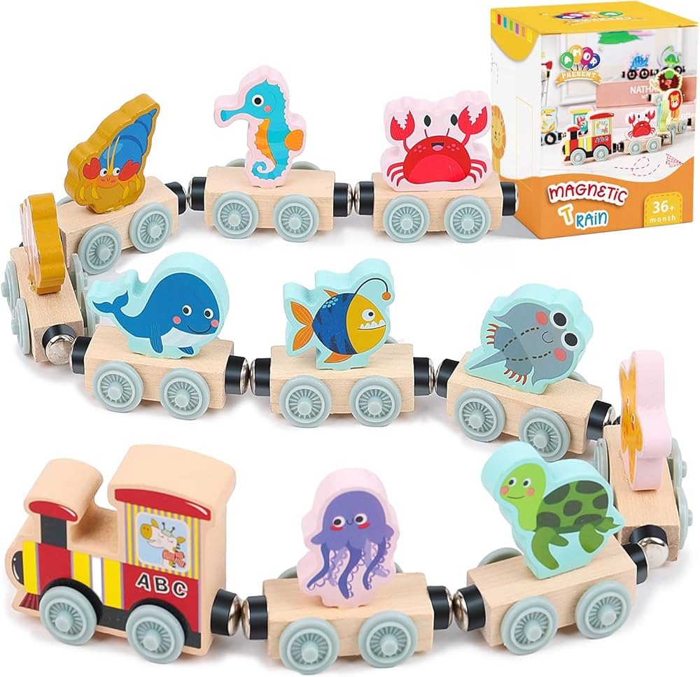 AMOR PRESENT 11PCS Magnetic Wooden Sea Animal Train Set, Montessori Toys for Toddlers Ocean Anima... | Amazon (US)