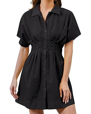Women Button Down Pleated Shirt Dress Summer Short Sleeve Blouse Striped Print Corset Mini Dresse... | Amazon (US)