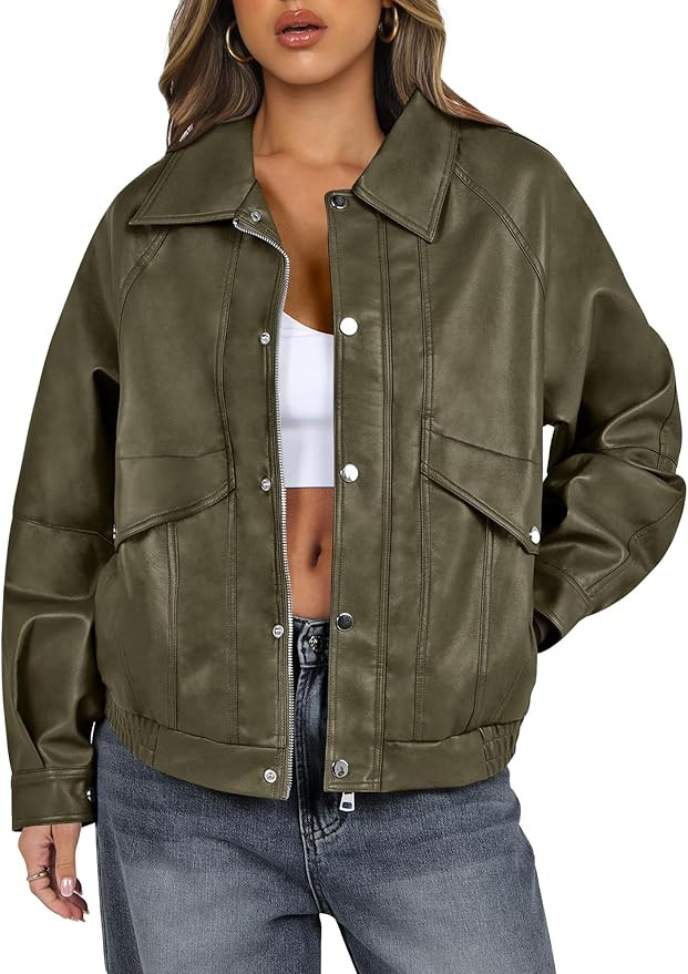 ANRABESS Women Faux Leather Jacket Long Sleeve Button Down Zip Up Motorcycle Biker Coat Fall Outf... | Amazon (US)