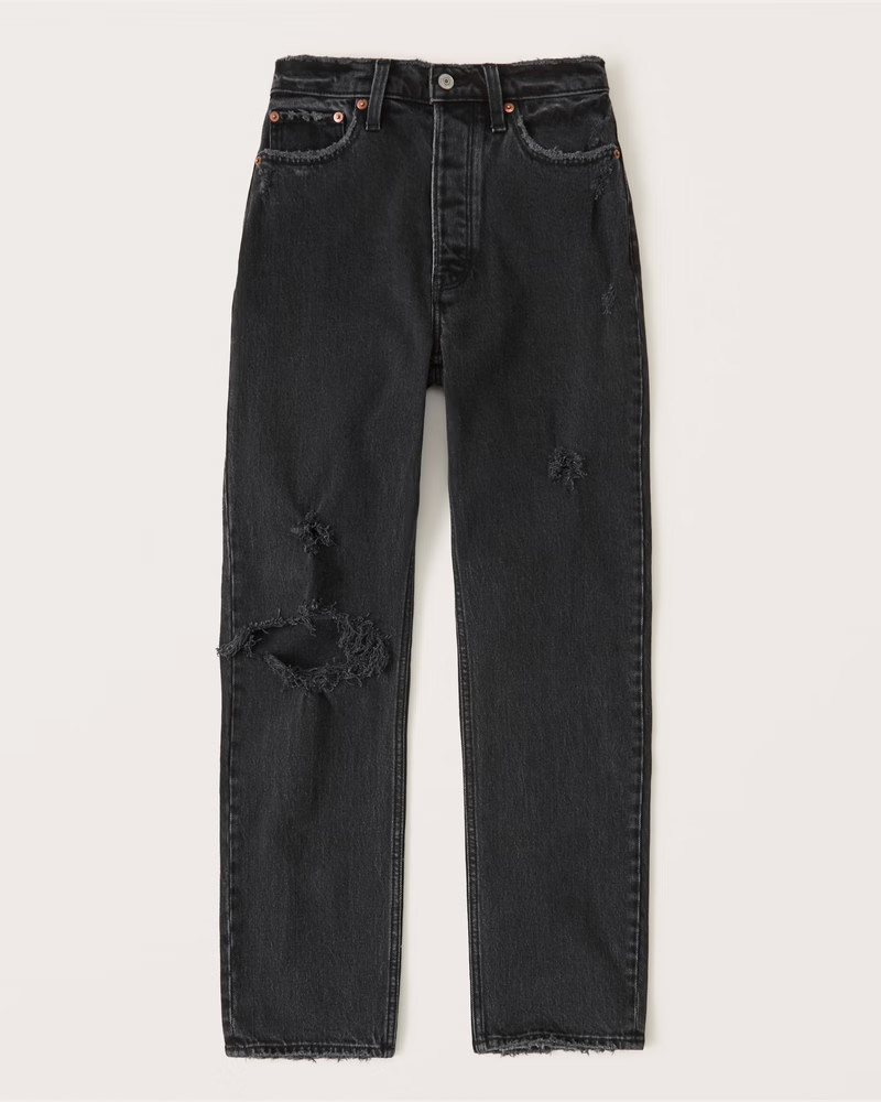 Abercrombie & Fitch Women's High Rise Dad Jean in Black Destroy - Size 24 | Abercrombie & Fitch (US)