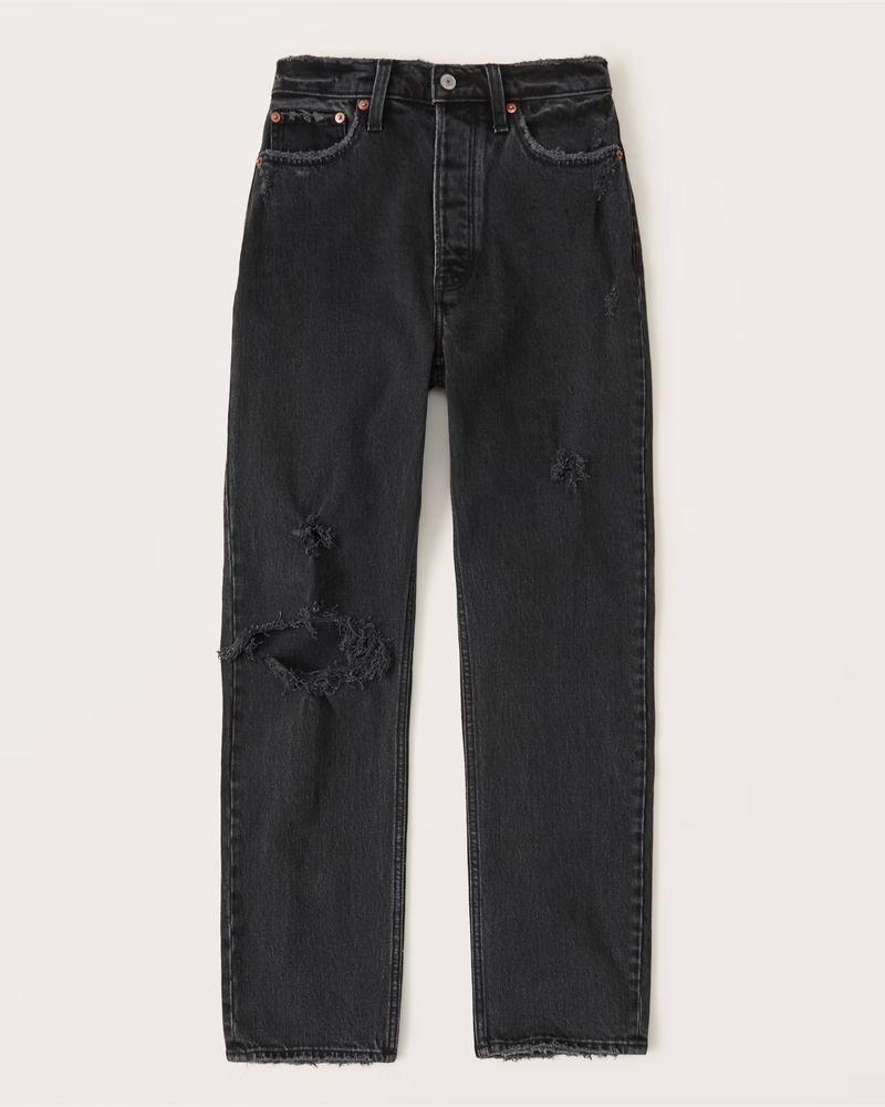 Abercrombie & Fitch Women's High Rise Dad Jean in Black Destroy - Size 24 | Abercrombie & Fitch (US)
