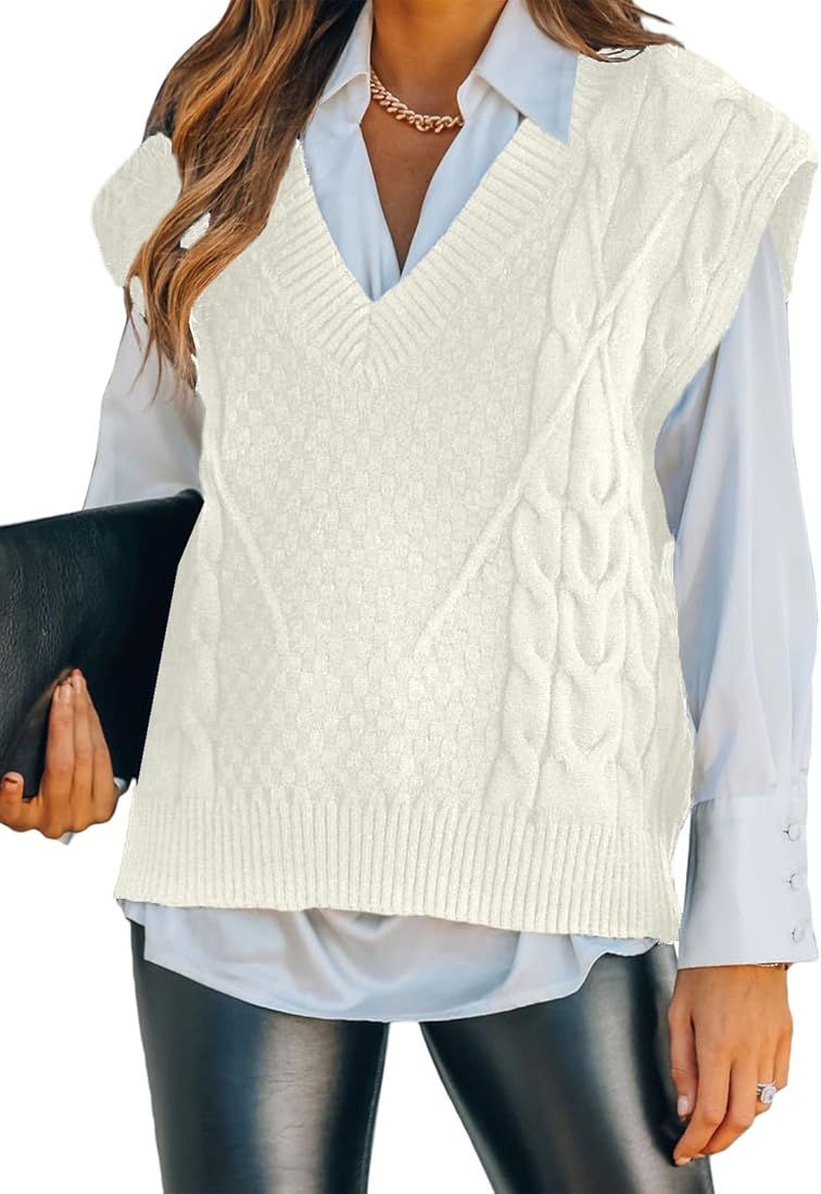 Sweater Vest Women Knitted V Neck Oversized Sweaters Sleeveless Knitwear Tank Tops | Amazon (US)