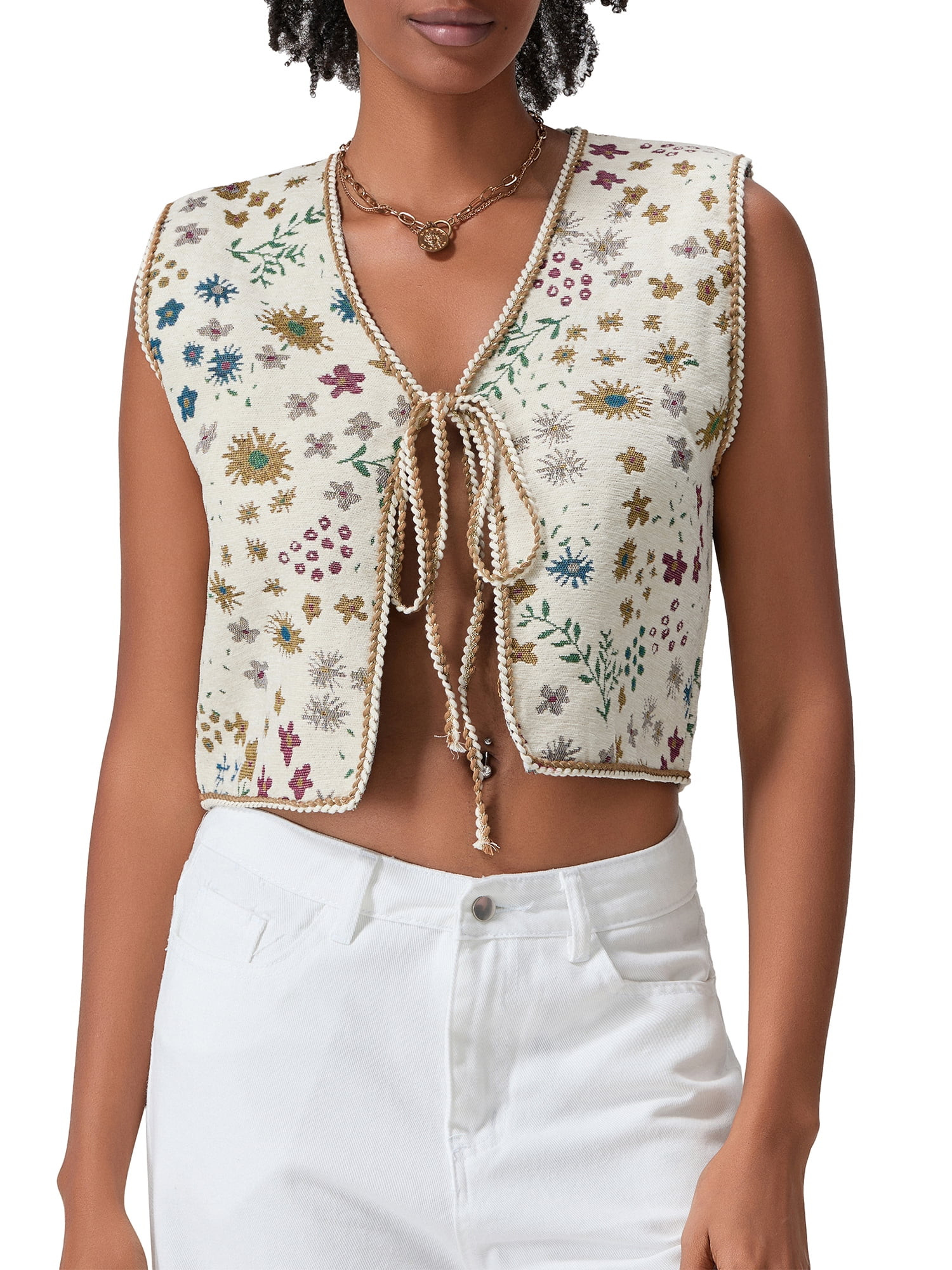ESASSALYY Women's Floral Print Vest Tops Bow Lacing V-Neck Cropped Waistcoat | Walmart (US)