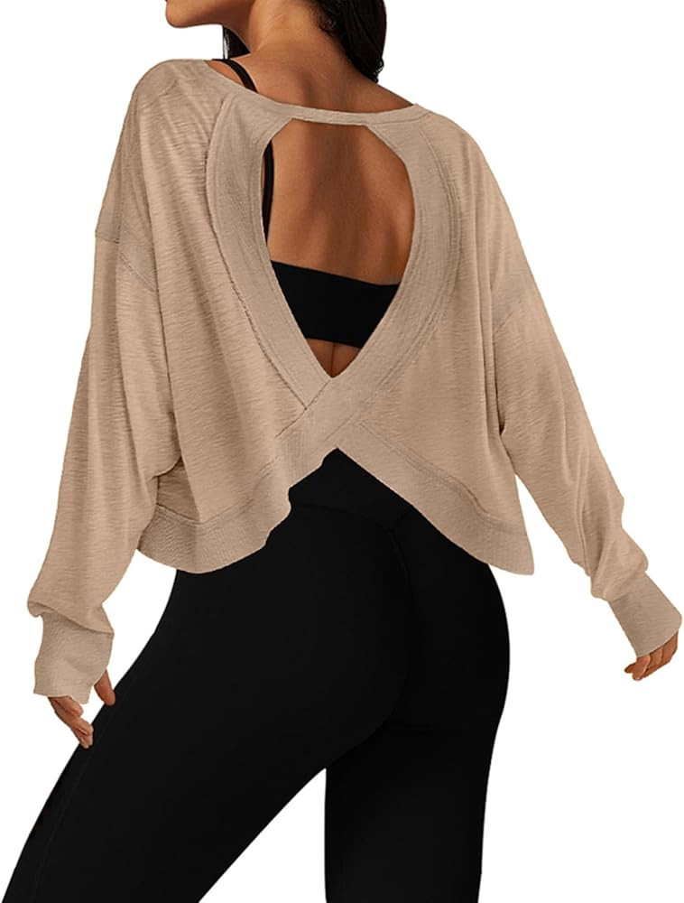 Amazon.com: UNIANKIYA Open Back Workout Tops for Women Long Sleeve Cropped Athletic Clothes Gym R... | Amazon (US)