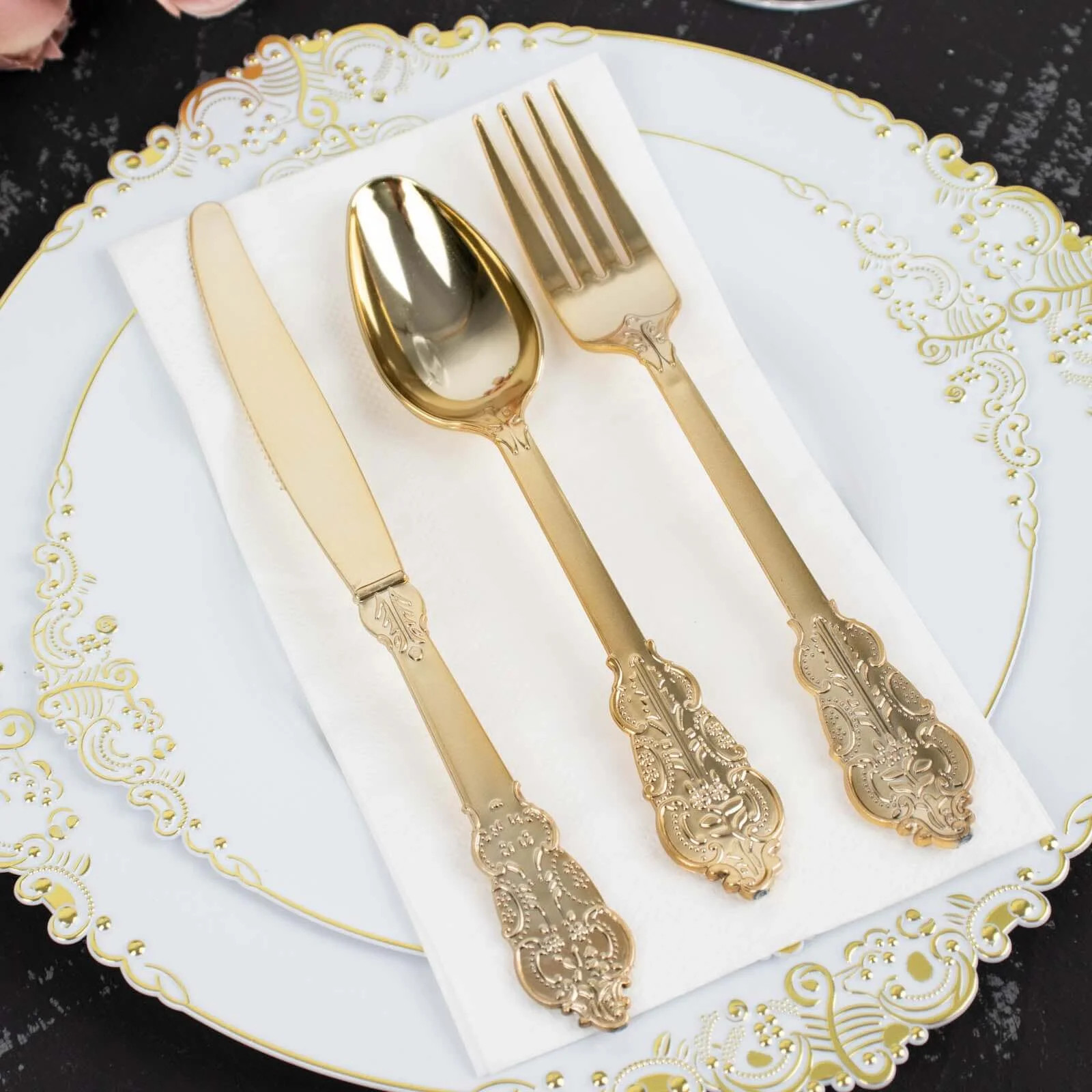 Efavormart 24 PCS Metallic Gold Baroque Disposable Plastic Cutlery Set for Wedding Party Banquet ... | Walmart (US)