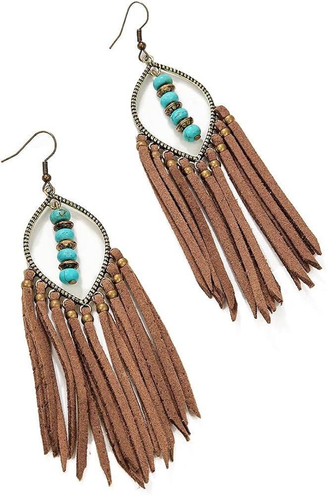 1 Pair of Zinc Alloy Turquoise Copper Beads Bohemian Pure Handmade Tassel Earrings | Amazon (US)