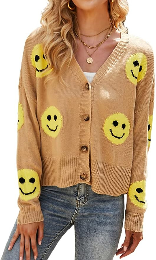 chouyatou Women's Loose-Fit Smile Face Jacquard Knitted Cardigan Sweater Jacket | Amazon (US)