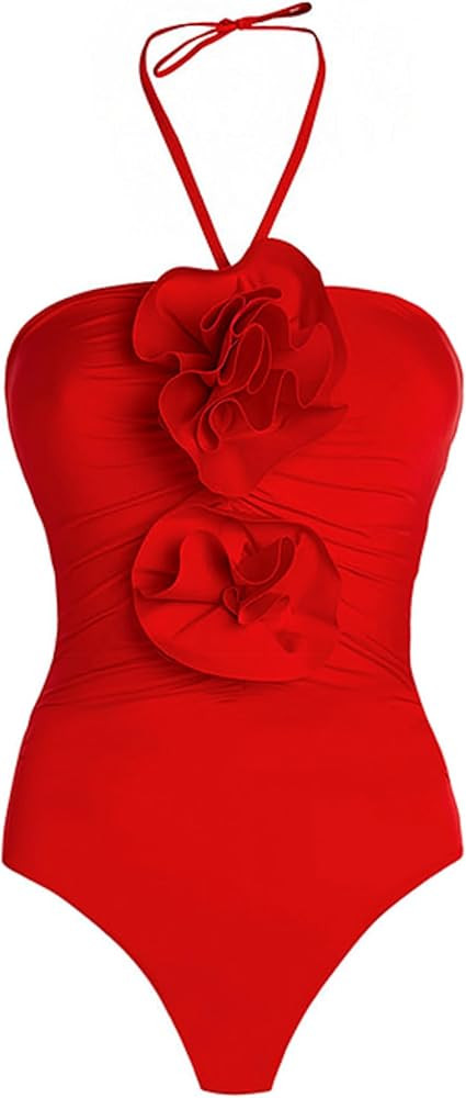 FLAXMAKER Sexy Halter 3D Flower One Piece Beach Vacation OOTD Swimsuit and Skirt Set | Amazon (US)