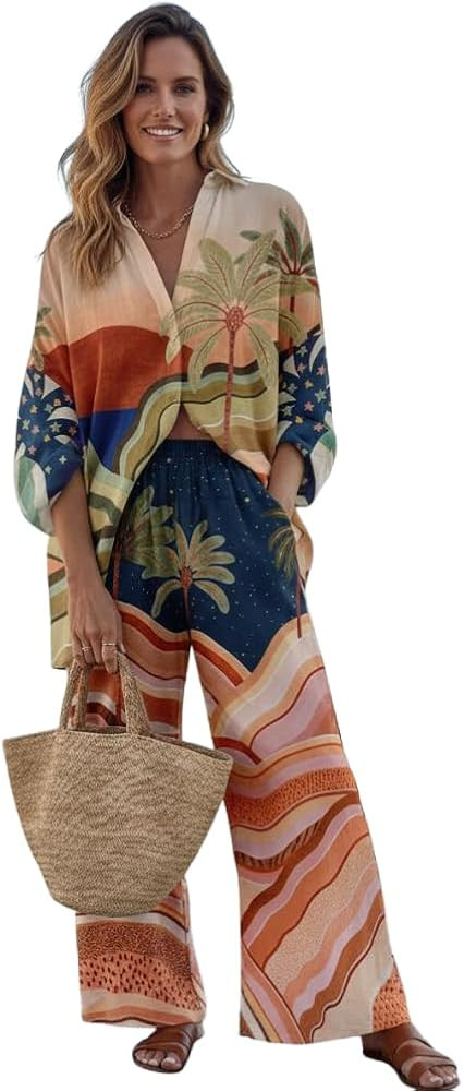 Women's Beach Vacation 2 Piece Outfits Long Sleeve Button Shirt Elastic Waist Wide Leg Pants Casu... | Amazon (US)