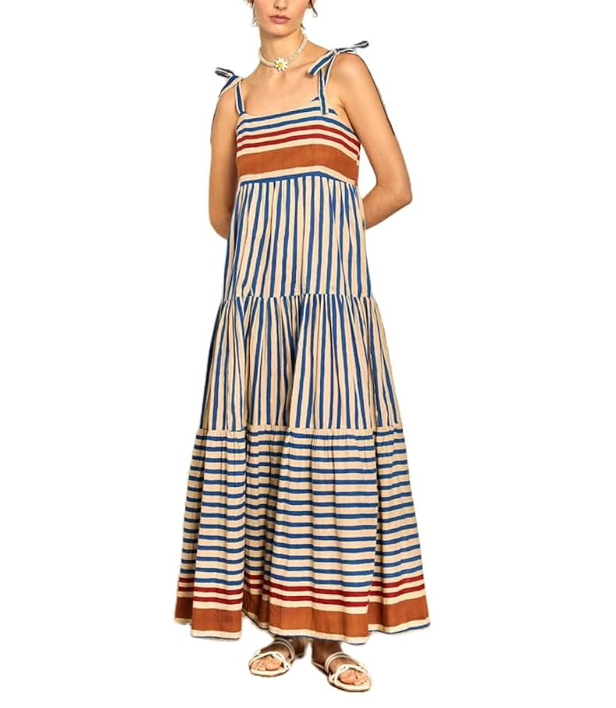 Women Striped Sleeveless Maxi Dress Flowy Smocked Tie Shoulder Dress Backless Spaghetti Strap Boh... | Amazon (US)