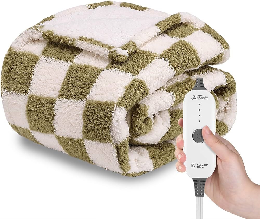Sunbeam Printed Royal Sherpa Foot Pocket Heated Throw Electric Blanket, 50" x 60", 4 Heat Setting... | Amazon (US)