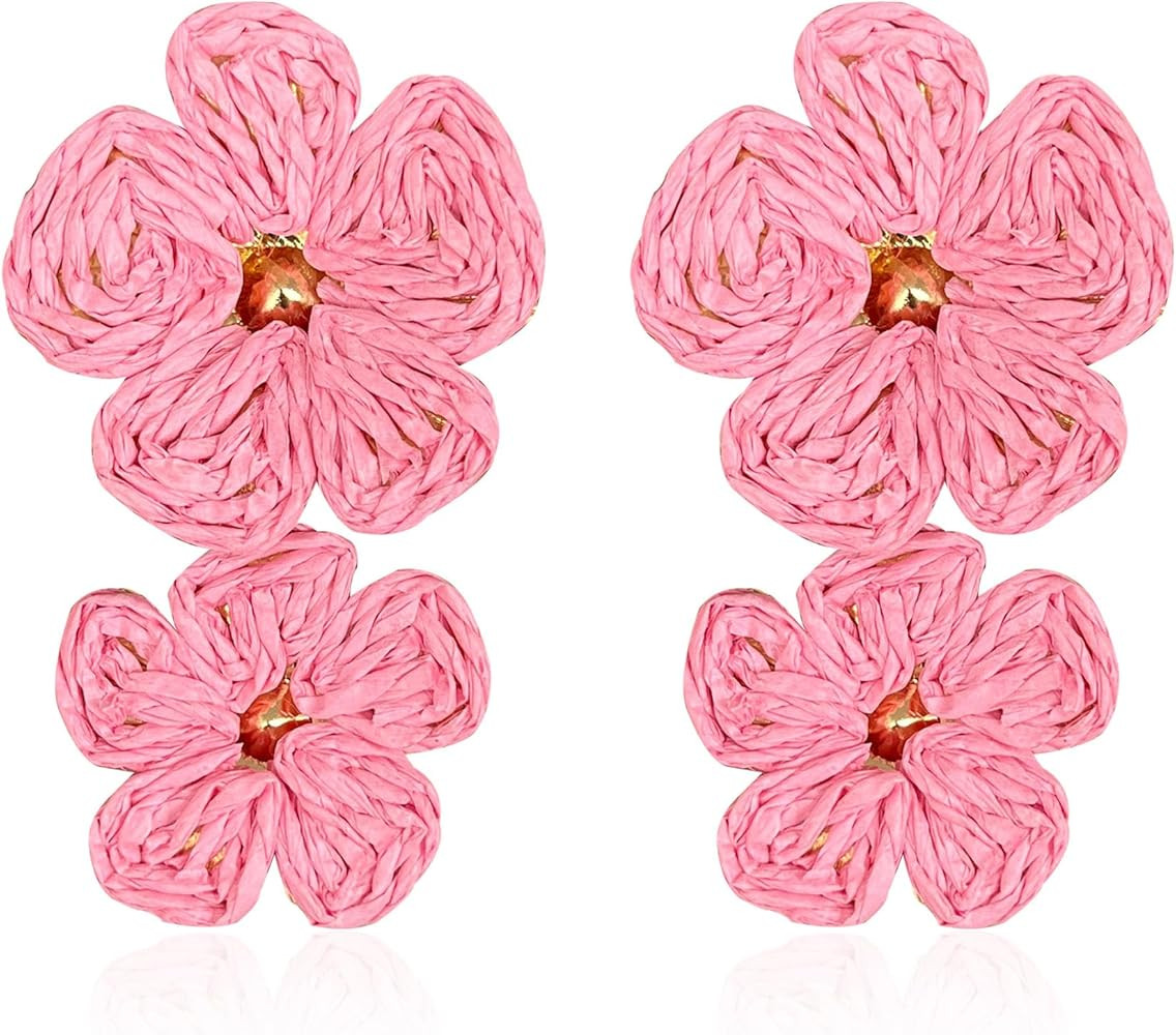 YUNXI Boho Raffia Flower Earrings Raffia Straw Wrapped Flower Drop Dangle Earrings Summer Tropica... | Amazon (US)