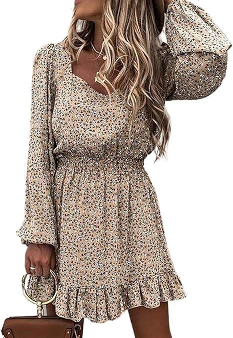 Happy Sailed Women's Sexy Floral Dress Square Neck Ruffles Boho A line Mini Dress Party Beach Dre... | Amazon (US)