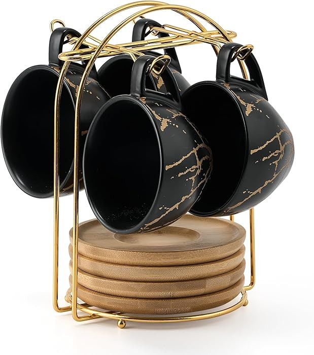 LUKA Ceramic Demitasse Espresso Cups Set with Saucers and Metal Stand, 8 oz Porcelain Stackable C... | Amazon (US)