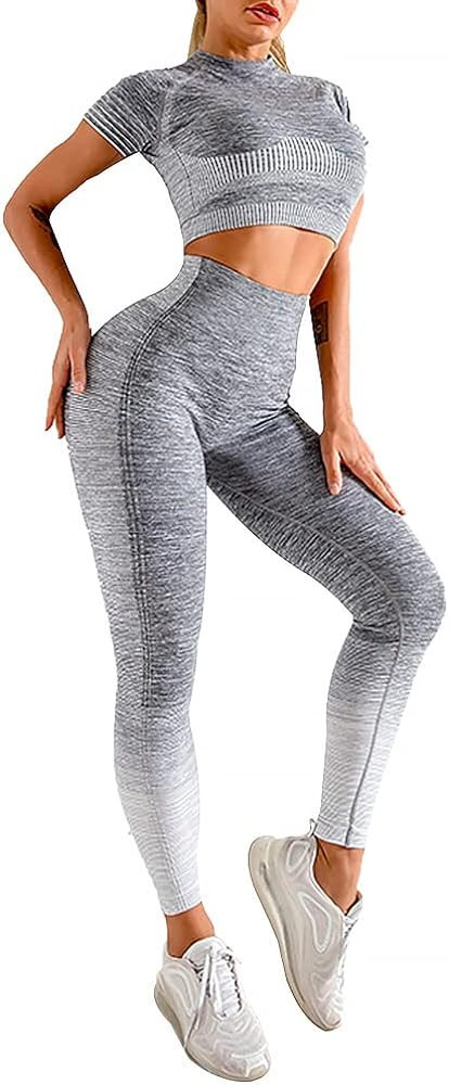 FeelinGirl 2 Piece Workout Sets for Women Seanless Short Sleeve Yoga Outfits Ribbed Crop Top High... | Amazon (US)