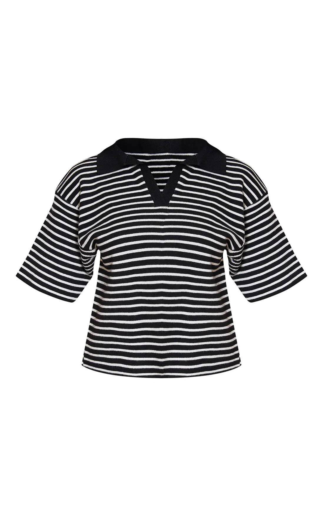 Petite Black Stripe Knitted Oversized Collared Top | PrettyLittleThing UK