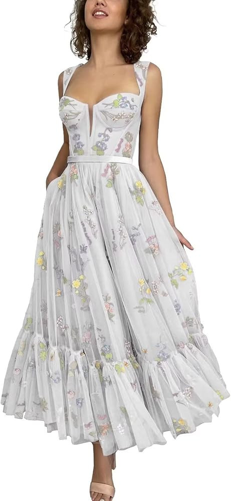 Basgute Women's Flower Embroidery Tulle Prom Dresses Corset Long Spaghetti Strap Fairy Ruched For... | Amazon (US)
